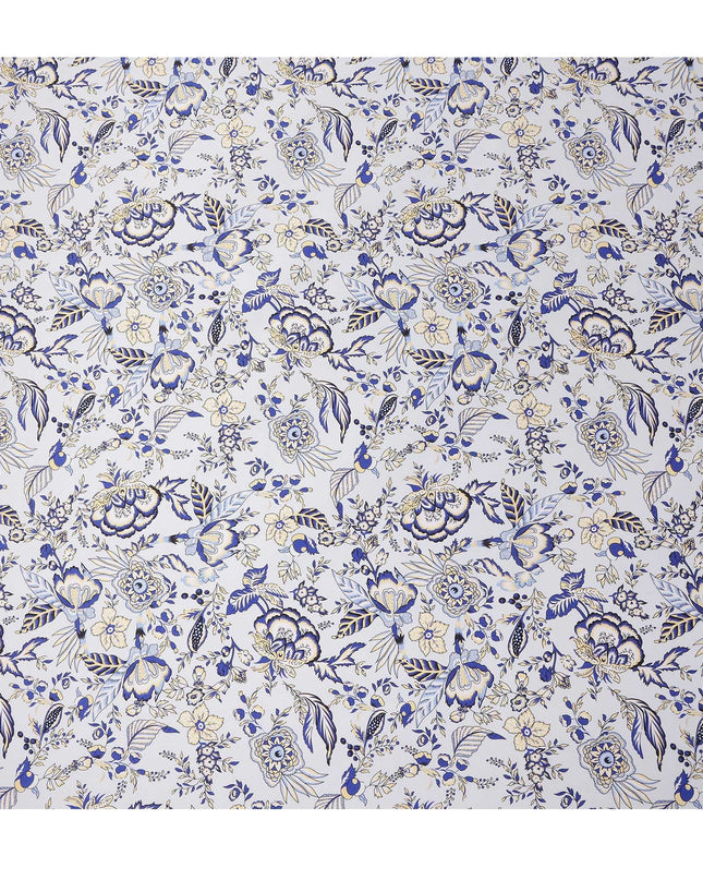 White Blue Floral Printed Premium Pure Silk Satin Fabric Soft Smooth Lustrous Designer Finish 140 Cms Width, 3.5 Mtrs Piece and Made in Italy-D27195