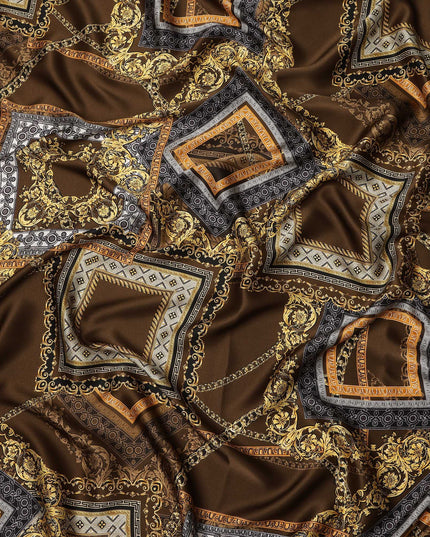 Brown Baroque Geometric Chain Printed Premium Pure Silk Satin Fabric Smooth Lustrous Designer Finish 140 Cms Width, 3.5 Mtrs Piece and Made in Italy-D27204