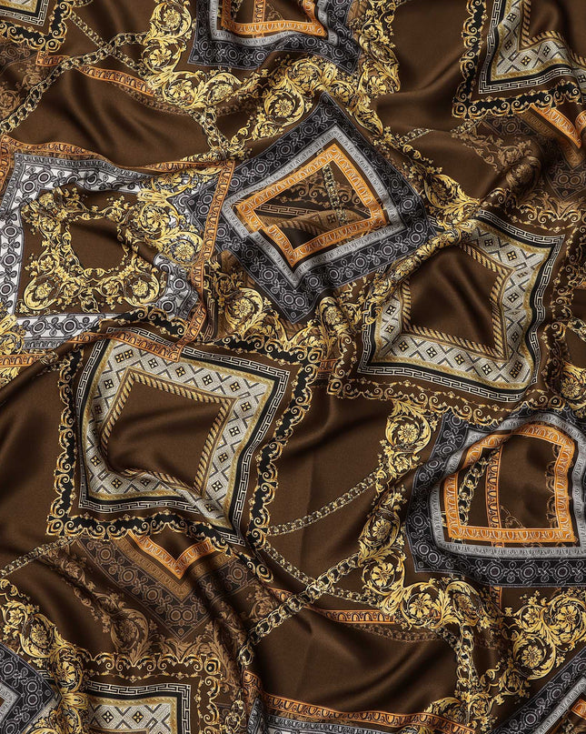 Brown Baroque Geometric Chain Printed Premium Pure Silk Satin Fabric Smooth Lustrous Designer Finish 140 Cms Width, 3.5 Mtrs Piece and Made in Italy-D27204