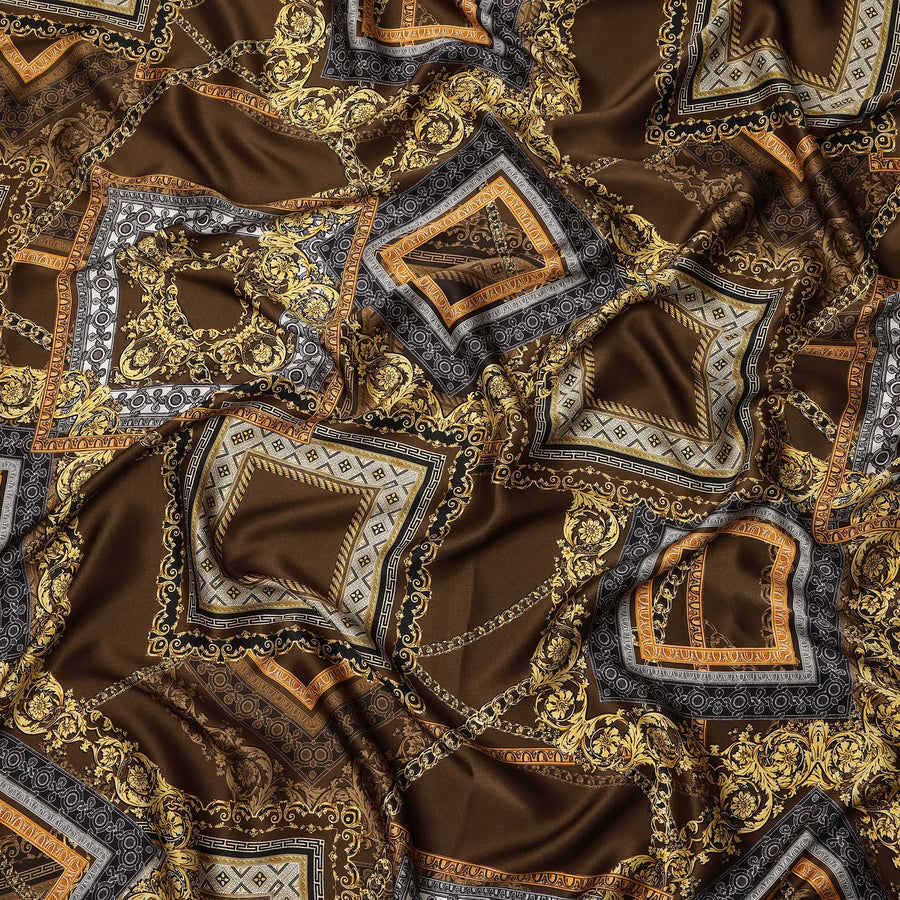 Brown Baroque Geometric Chain Printed Premium Pure Silk Satin Fabric Smooth Lustrous Designer Finish 140 Cms Width, 3.5 Mtrs Piece and Made in Italy-D27204