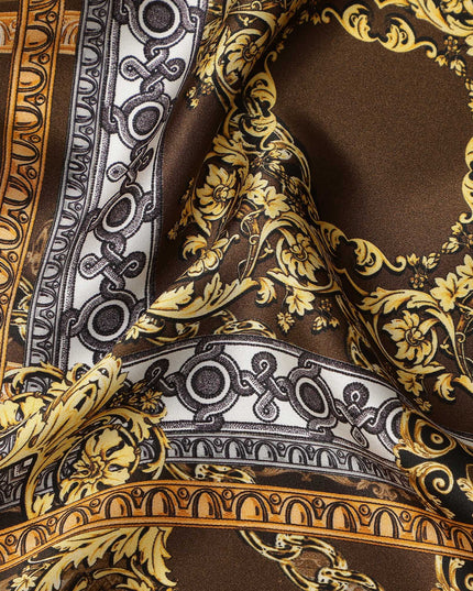 Brown Baroque Geometric Chain Printed Premium Pure Silk Satin Fabric Smooth Lustrous Designer Finish 140 Cms Width, 3.5 Mtrs Piece and Made in Italy-D27204