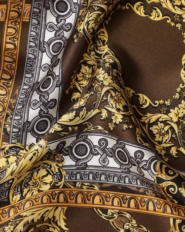 Brown Baroque Geometric Chain Printed Premium Pure Silk Satin Fabric Smooth Lustrous Designer Finish 140 Cms Width, 3.5 Mtrs Piece and Made in Italy-D27204