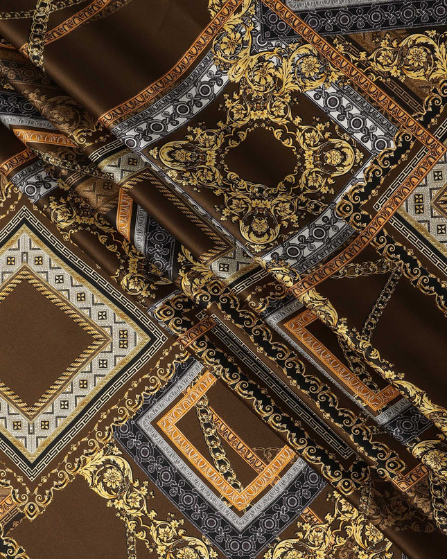 Brown Baroque Geometric Chain Printed Premium Pure Silk Satin Fabric Smooth Lustrous Designer Finish 140 Cms Width, 3.5 Mtrs Piece and Made in Italy-D27204
