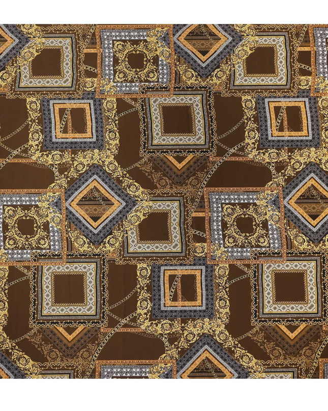 Brown Baroque Geometric Chain Printed Premium Pure Silk Satin Fabric Smooth Lustrous Designer Finish 140 Cms Width, 3.5 Mtrs Piece and Made in Italy-D27204
