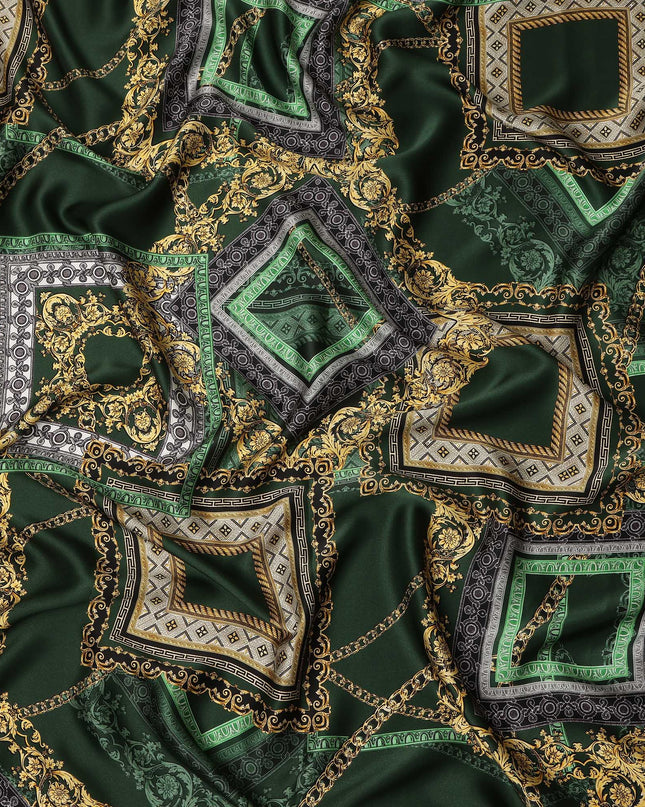 Dark Green Geometric Chain Print Premium Pure Silk Satin Fabric Smooth Lustrous Designer Finish 140 Cms Width, 3.5 Mtrs Piece and Made in Italy-D27203