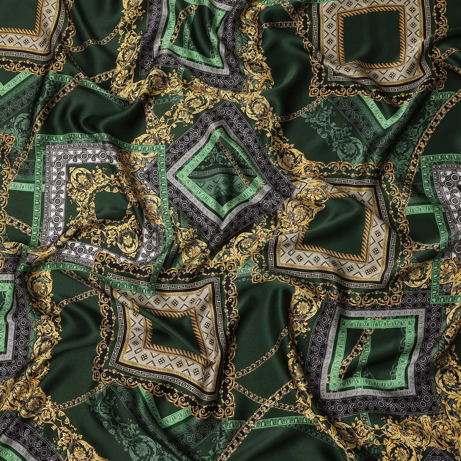 Dark Green Geometric Chain Print Premium Pure Silk Satin Fabric Smooth Lustrous Designer Finish 140 Cms Width, 3.5 Mtrs Piece and Made in Italy-D27203