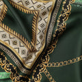Dark Green Geometric Chain Print Premium Pure Silk Satin Fabric Smooth Lustrous Designer Finish 140 Cms Width, 3.5 Mtrs Piece and Made in Italy-D27203