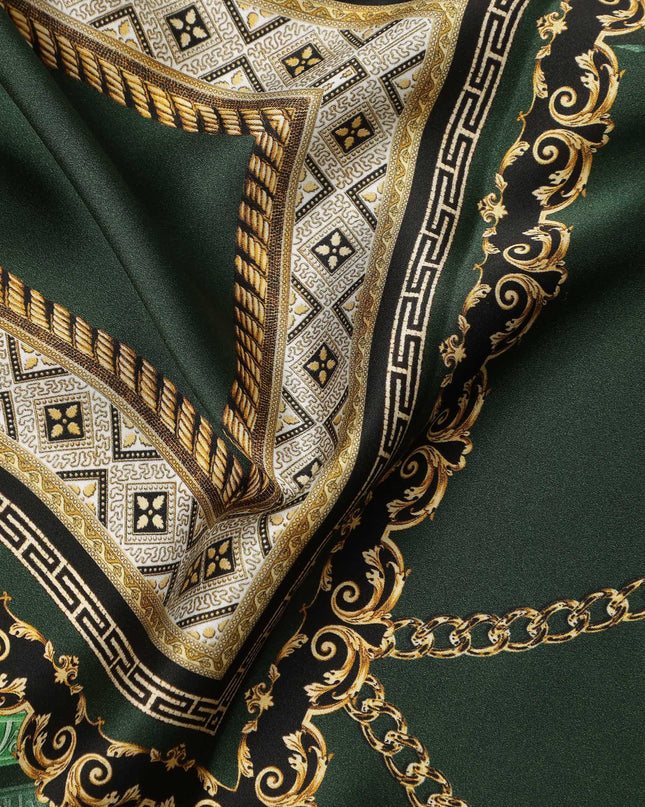 Dark Green Geometric Chain Print Premium Pure Silk Satin Fabric Smooth Lustrous Designer Finish 140 Cms Width, 3.5 Mtrs Piece and Made in Italy-D27203