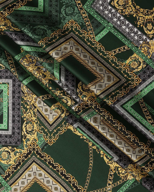 Dark Green Geometric Chain Print Premium Pure Silk Satin Fabric Smooth Lustrous Designer Finish 140 Cms Width, 3.5 Mtrs Piece and Made in Italy-D27203