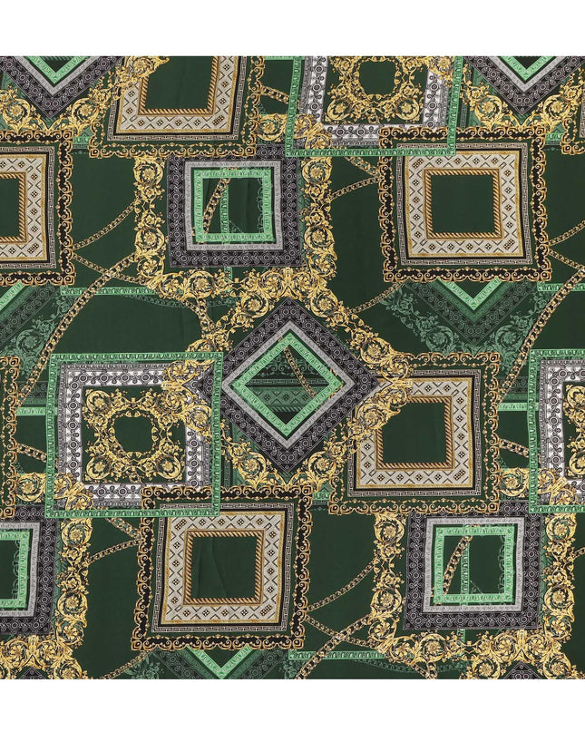 Dark Green Geometric Chain Print Premium Pure Silk Satin Fabric Smooth Lustrous Designer Finish 140 Cms Width, 3.5 Mtrs Piece and Made in Italy-D27203