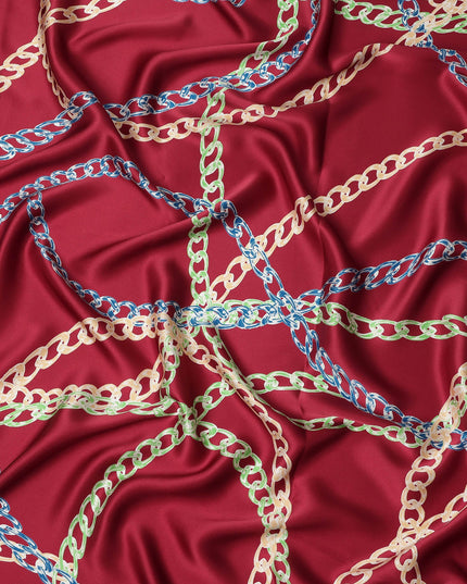 Wine Red Multicolor Chain Print Premium Pure Silk Satin Fabric Smooth Lustrous Designer Finish 140 Cms Width, 3.5 Mtrs Piece and Made in Italy-D27189