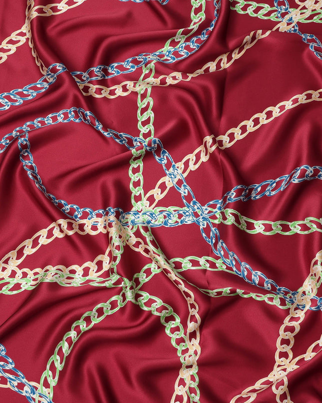 Wine Red Multicolor Chain Print Premium Pure Silk Satin Fabric Smooth Lustrous Designer Finish 140 Cms Width, 3.5 Mtrs Piece and Made in Italy-D27189