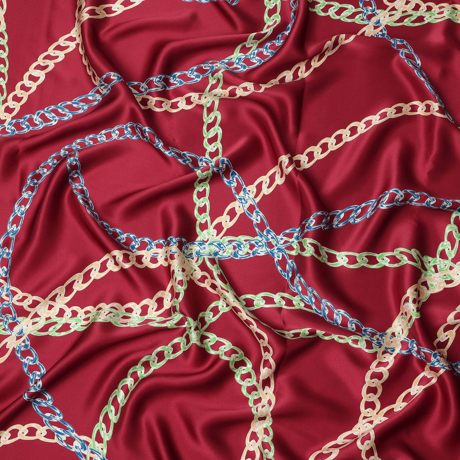 Wine Red Multicolor Chain Print Premium Pure Silk Satin Fabric Smooth Lustrous Designer Finish 140 Cms Width, 3.5 Mtrs Piece and Made in Italy-D27189