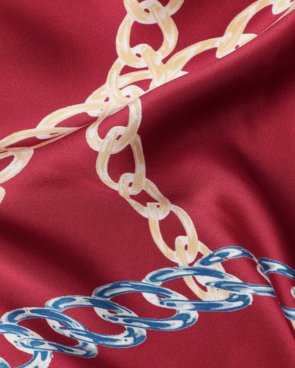 Wine Red Multicolor Chain Print Premium Pure Silk Satin Fabric Smooth Lustrous Designer Finish 140 Cms Width, 3.5 Mtrs Piece and Made in Italy-D27189