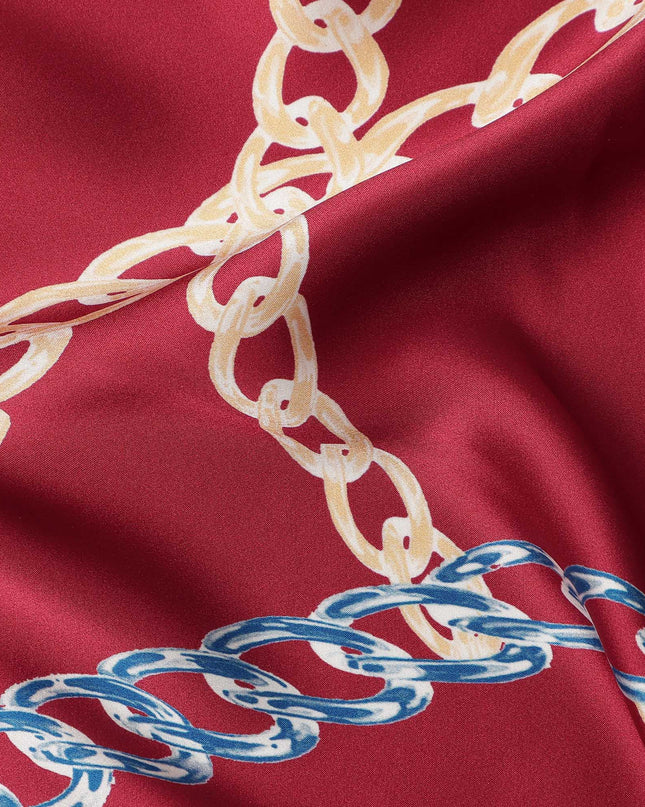 Wine Red Multicolor Chain Print Premium Pure Silk Satin Fabric Smooth Lustrous Designer Finish 140 Cms Width, 3.5 Mtrs Piece and Made in Italy-D27189