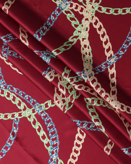 Wine Red Multicolor Chain Print Premium Pure Silk Satin Fabric Smooth Lustrous Designer Finish 140 Cms Width, 3.5 Mtrs Piece and Made in Italy-D27189