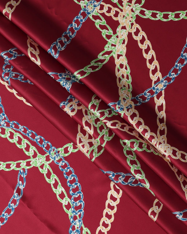 Wine Red Multicolor Chain Print Premium Pure Silk Satin Fabric Smooth Lustrous Designer Finish 140 Cms Width, 3.5 Mtrs Piece and Made in Italy-D27189