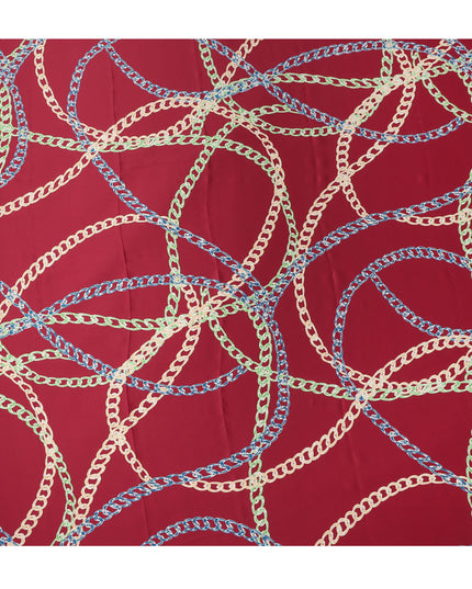 Wine Red Multicolor Chain Print Premium Pure Silk Satin Fabric Smooth Lustrous Designer Finish 140 Cms Width, 3.5 Mtrs Piece and Made in Italy-D27189