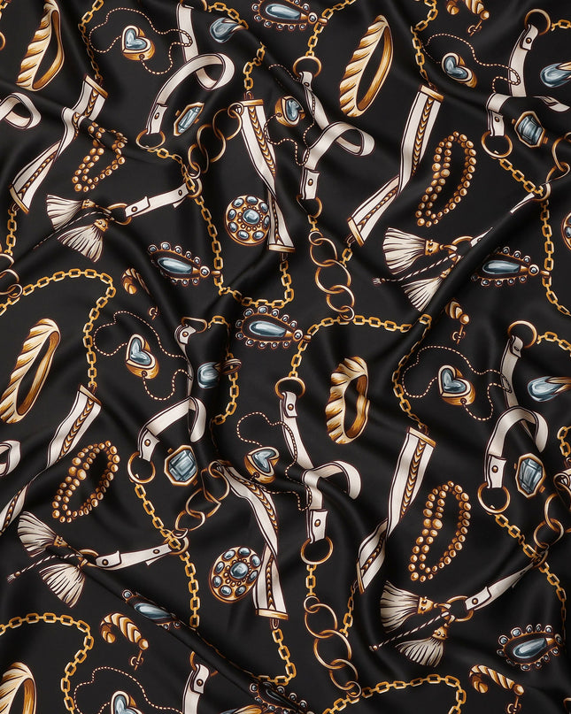 Black Chain Print Premium Pure Silk Satin Fabric Smooth Lustrous Designer Finish 140 Cms Width, 3.5 Mtrs Piece and Made in Italy-D27202