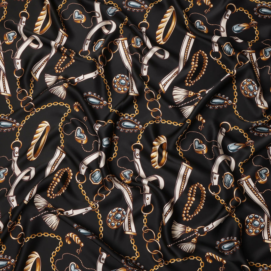 Black Chain Print Premium Pure Silk Satin Fabric Smooth Lustrous Designer Finish 140 Cms Width, 3.5 Mtrs Piece and Made in Italy-D27202