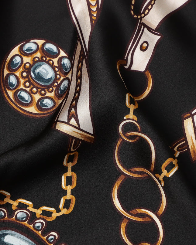 Black Chain Print Premium Pure Silk Satin Fabric Smooth Lustrous Designer Finish 140 Cms Width, 3.5 Mtrs Piece and Made in Italy-D27202