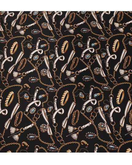 Black Chain Print Premium Pure Silk Satin Fabric Smooth Lustrous Designer Finish 140 Cms Width, 3.5 Mtrs Piece and Made in Italy-D27202