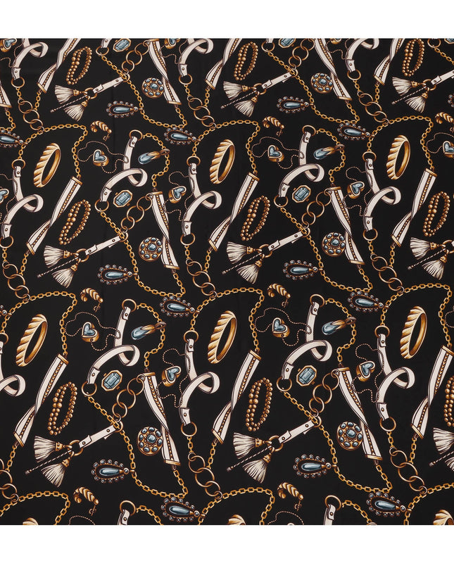 Black Chain Print Premium Pure Silk Satin Fabric Smooth Lustrous Designer Finish 140 Cms Width, 3.5 Mtrs Piece and Made in Italy-D27202