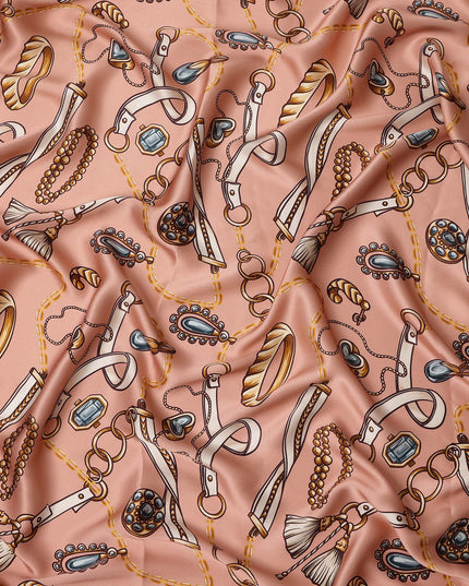 Peach Chain Print Premium Pure Silk Satin Fabric Smooth Lustrous Designer Finish 140 Cms Width, 3.5 Mtrs Piece and Made in Italy-D27187