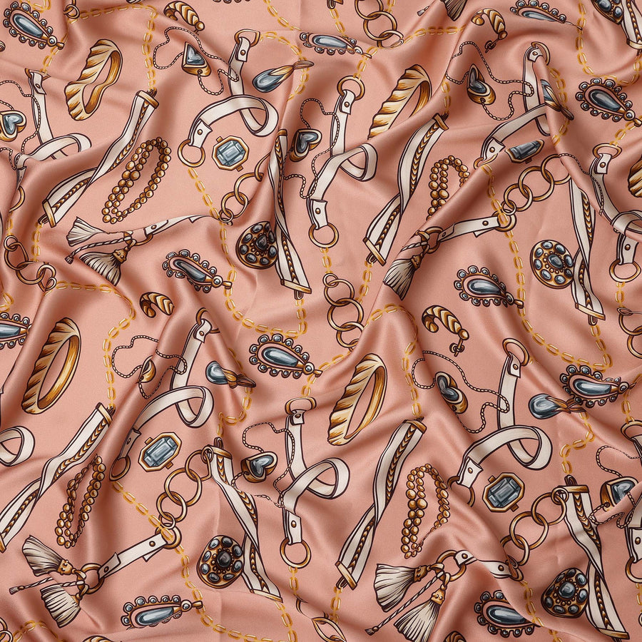 Peach Chain Print Premium Pure Silk Satin Fabric Smooth Lustrous Designer Finish 140 Cms Width, 3.5 Mtrs Piece and Made in Italy-D27187