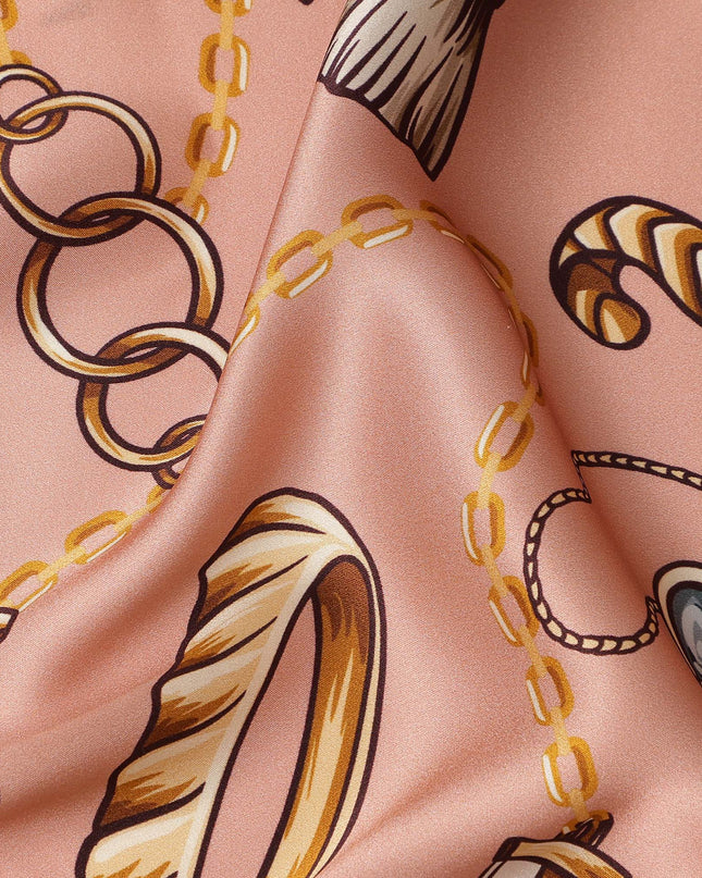 Peach Chain Print Premium Pure Silk Satin Fabric Smooth Lustrous Designer Finish 140 Cms Width, 3.5 Mtrs Piece and Made in Italy-D27187