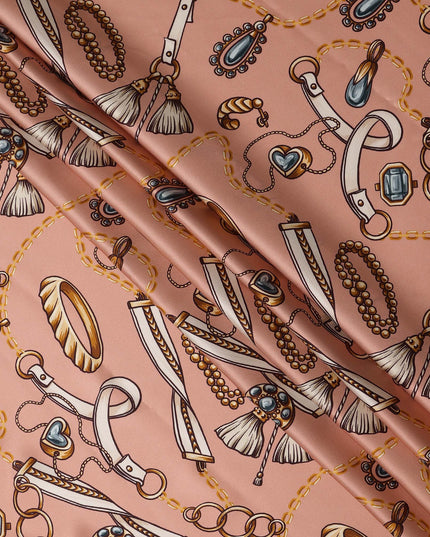 Peach Chain Print Premium Pure Silk Satin Fabric Smooth Lustrous Designer Finish 140 Cms Width, 3.5 Mtrs Piece and Made in Italy-D27187