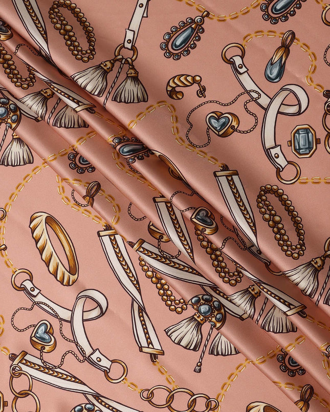 Peach Chain Print Premium Pure Silk Satin Fabric Smooth Lustrous Designer Finish 140 Cms Width, 3.5 Mtrs Piece and Made in Italy-D27187