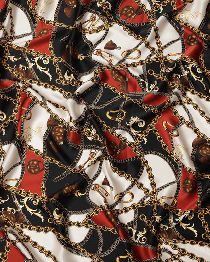 Black Multicolor Chain Print Premium Pure Silk Satin Fabric Smooth Lustrous Designer Finish 140 Cms Width, 3.5 Mtrs Piece and Made in Italy-D27191