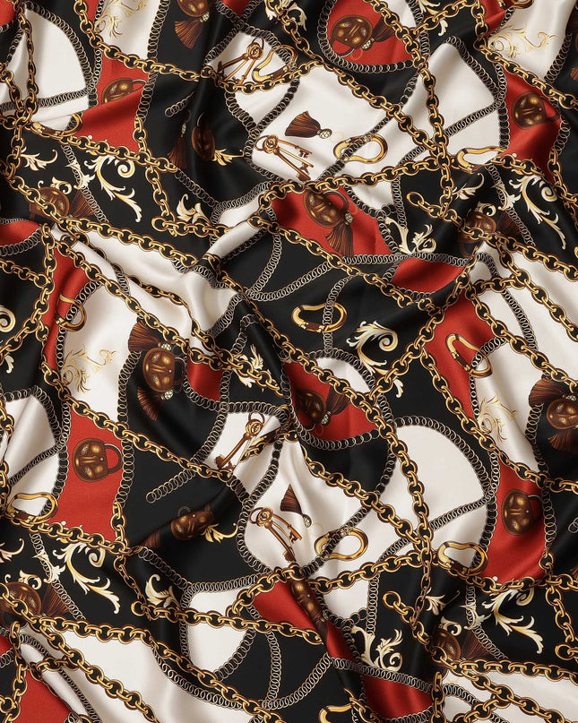 Black Multicolor Chain Print Premium Pure Silk Satin Fabric Smooth Lustrous Designer Finish 140 Cms Width, 3.5 Mtrs Piece and Made in Italy-D27191