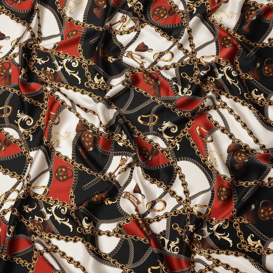 Black Multicolor Chain Print Premium Pure Silk Satin Fabric Smooth Lustrous Designer Finish 140 Cms Width, 3.5 Mtrs Piece and Made in Italy-D27191