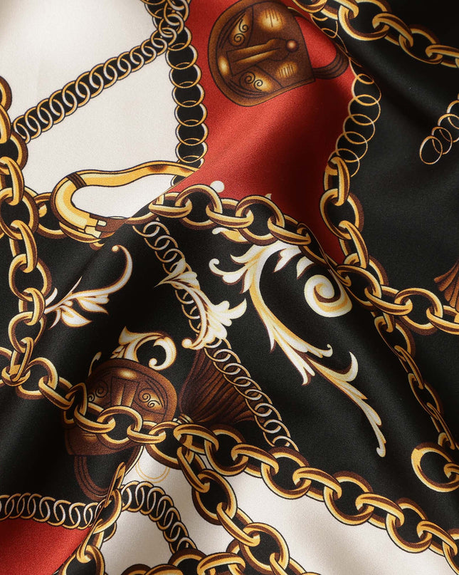 Black Multicolor Chain Print Premium Pure Silk Satin Fabric Smooth Lustrous Designer Finish 140 Cms Width, 3.5 Mtrs Piece and Made in Italy-D27191
