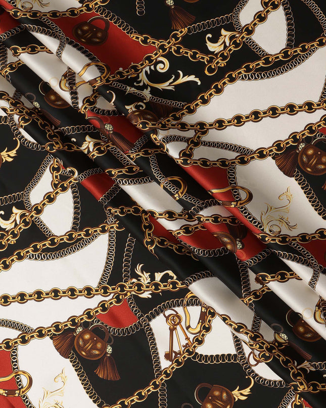Black Multicolor Chain Print Premium Pure Silk Satin Fabric Smooth Lustrous Designer Finish 140 Cms Width, 3.5 Mtrs Piece and Made in Italy-D27191