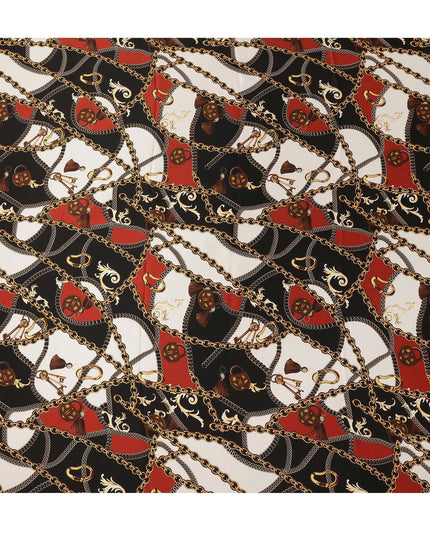 Black Multicolor Chain Print Premium Pure Silk Satin Fabric Smooth Lustrous Designer Finish 140 Cms Width, 3.5 Mtrs Piece and Made in Italy-D27191