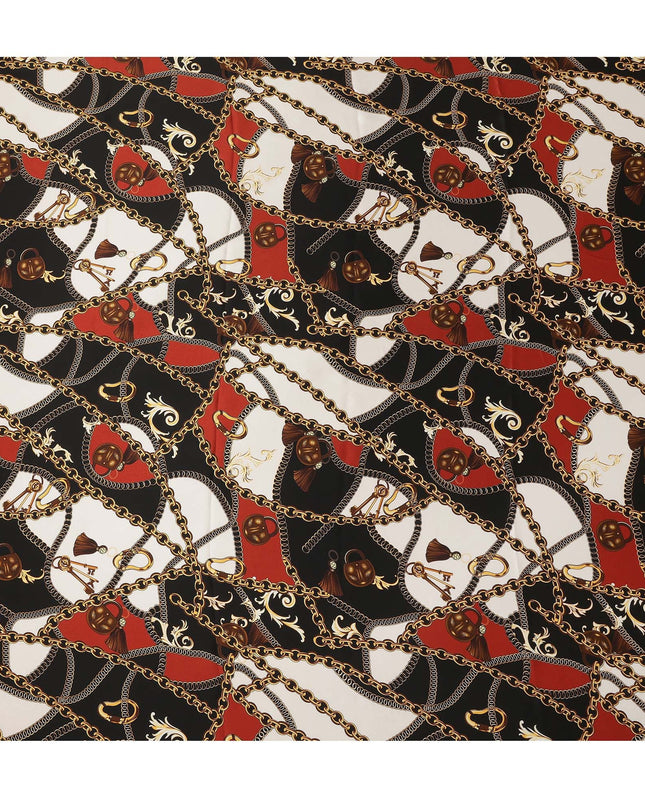 Black Multicolor Chain Print Premium Pure Silk Satin Fabric Smooth Lustrous Designer Finish 140 Cms Width, 3.5 Mtrs Piece and Made in Italy-D27191