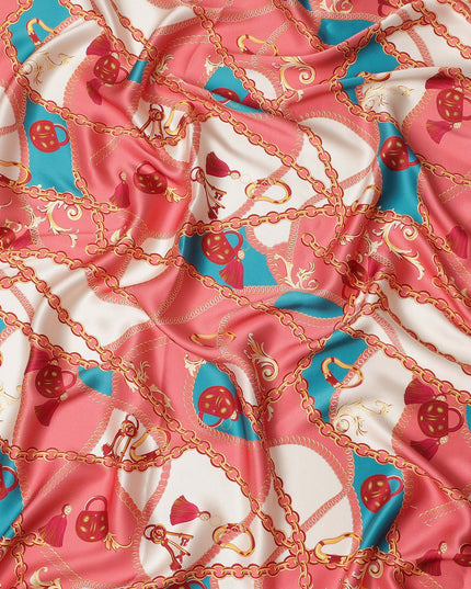 Coral Chain Print Premium Pure Silk Satin Fabric Smooth Lustrous Designer Finish 140 Cms Width, 3.5 Mtrs Piece and Made in Italy-D27188