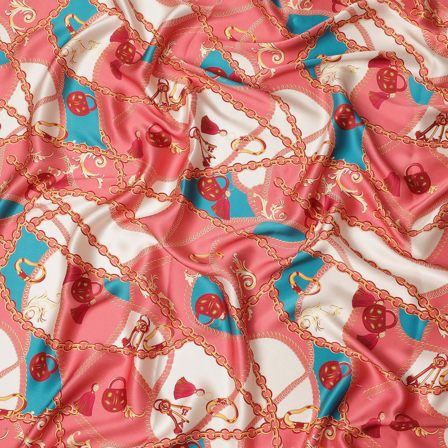 Coral Chain Print Premium Pure Silk Satin Fabric Smooth Lustrous Designer Finish 140 Cms Width, 3.5 Mtrs Piece and Made in Italy-D27188