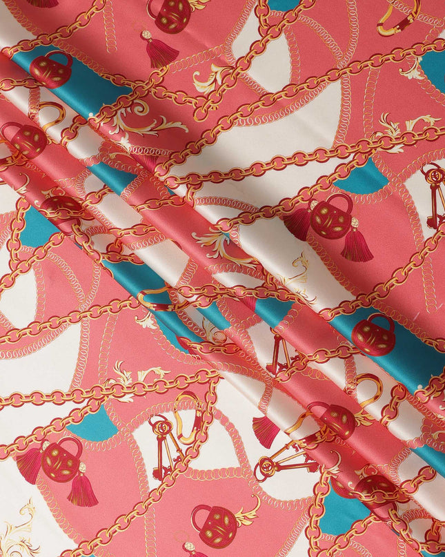 Coral Chain Print Premium Pure Silk Satin Fabric Smooth Lustrous Designer Finish 140 Cms Width, 3.5 Mtrs Piece and Made in Italy-D27188