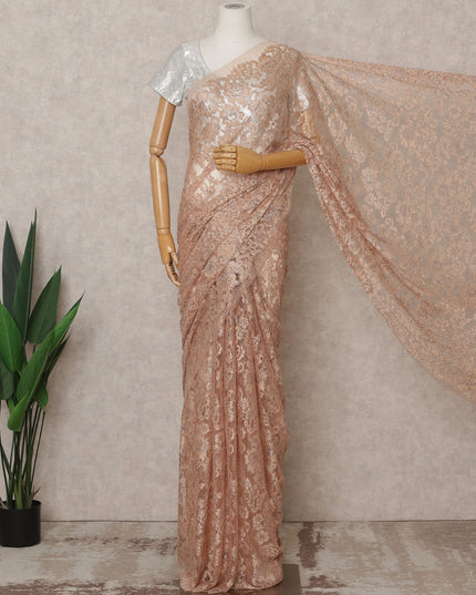 Copper Peach Premium French Metallic Chantilly Lace Saree Fabric – 5.5 Meters Length, 110 Cms Width, Imported from France-D25712