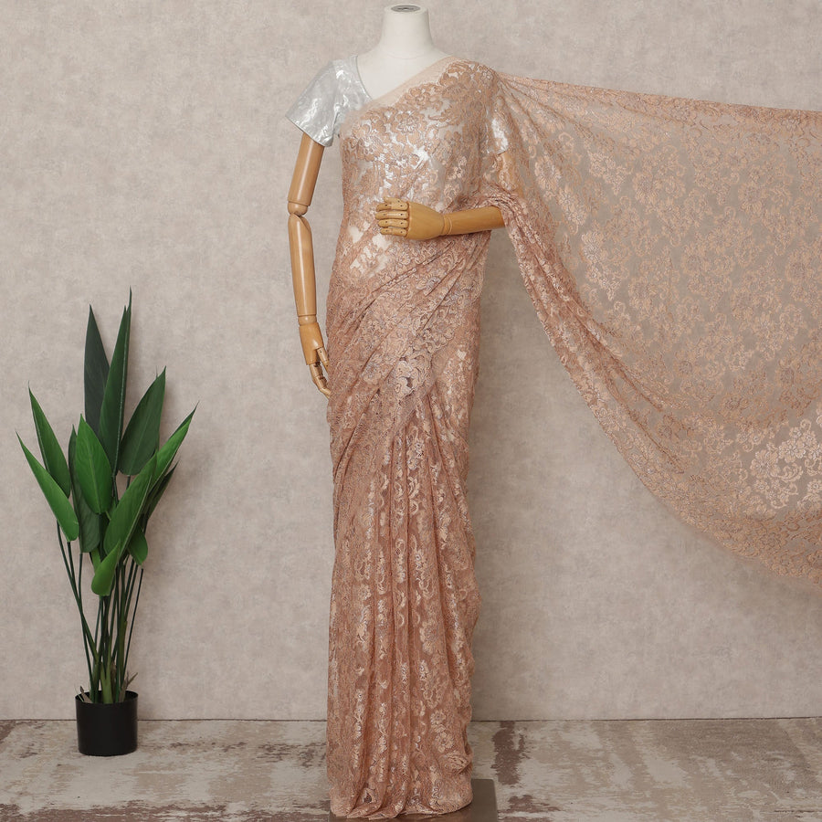 Copper Peach Premium French Metallic Chantilly Lace Saree Fabric – 5.5 Meters Length, 110 Cms Width, Imported from France-D25712