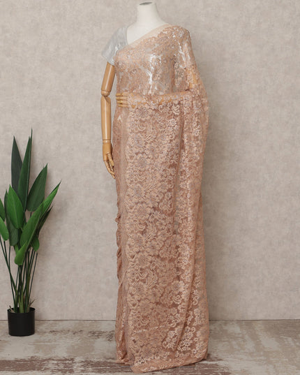 Copper Peach Premium French Metallic Chantilly Lace Saree Fabric – 5.5 Meters Length, 110 Cms Width, Imported from France-D25712