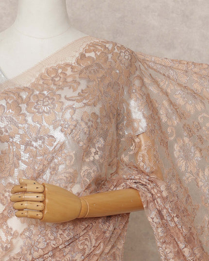 Copper Peach Premium French Metallic Chantilly Lace Saree Fabric – 5.5 Meters Length, 110 Cms Width, Imported from France-D25712