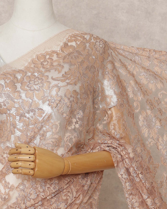 Copper Peach Premium French Metallic Chantilly Lace Saree Fabric – 5.5 Meters Length, 110 Cms Width, Imported from France-D25712