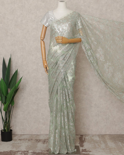 Pistachio Green Premium French Metallic Chantilly Lace Saree Fabric – 5.5 Meters Length, 110 Cms Width, Imported from France-D25717