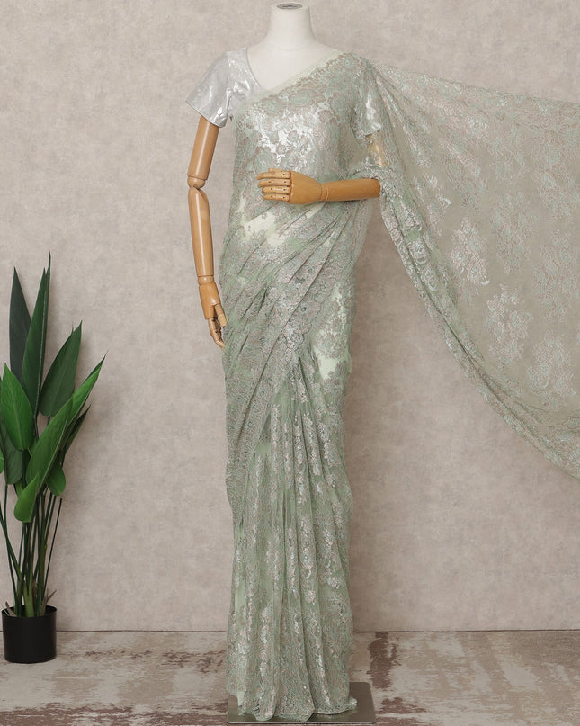 Pistachio Green Premium French Metallic Chantilly Lace Saree Fabric – 5.5 Meters Length, 110 Cms Width, Imported from France-D25717