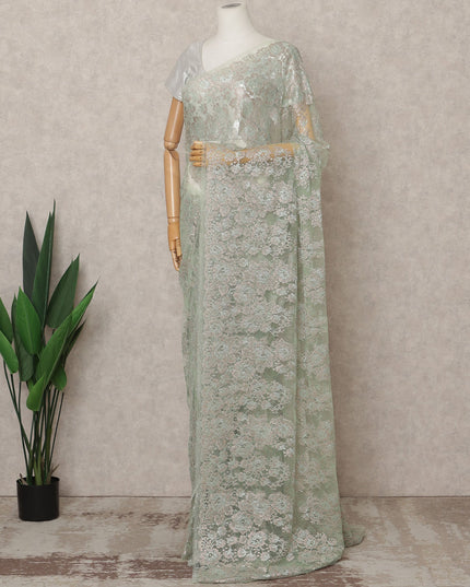 Pistachio Green Premium French Metallic Chantilly Lace Saree Fabric – 5.5 Meters Length, 110 Cms Width, Imported from France-D25717